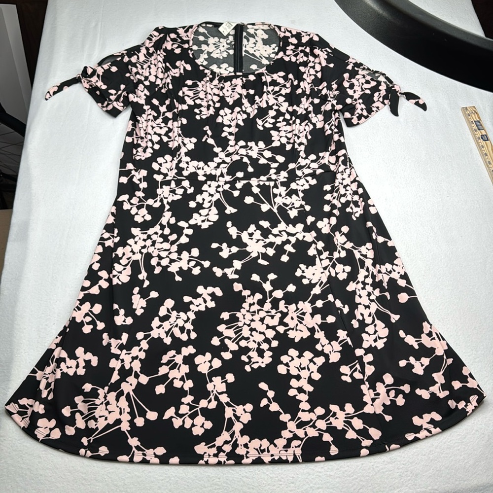 Talbots Black and Pink Puff Sleeve A-line Midi Dress